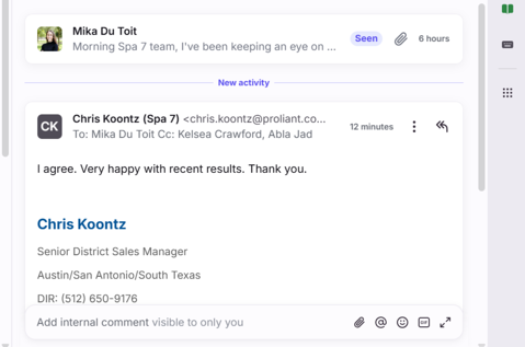 This is a screenshot of an email or messaging interface showing a conversation thread. Mika Du Toit posted about the Morning Spa 7 team 6 hours ago, and Chris Koontz replied 12 minutes ago with "I agree. Very happy with recent results. Thank you." Chris Koontz's profile identifies him as a Senior District Sales Manager for the Austin/San Antonio/South Texas region with a phone number (512) 650-9176.