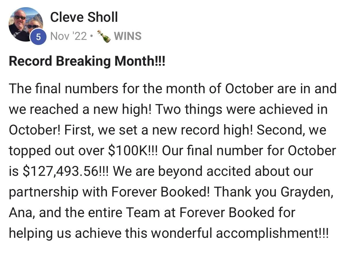 # Image Description
A social media post from Cleve Sholl dated November 2022 with a "5 WINS" indicator announcing record-breaking monthly results. The post states that October achieved a new high with two accomplishments: setting a record high and surpassing $100K in revenue, with a final October total of $127,493.56. The post thanks Grayden, Ana, and the Forever Booked team for their partnership in achieving this milestone.